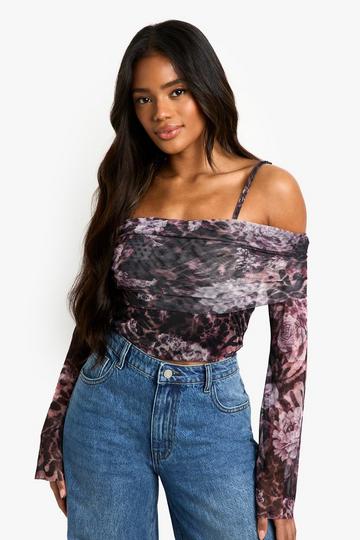 Printed Mesh Bardot Top with Straps animal