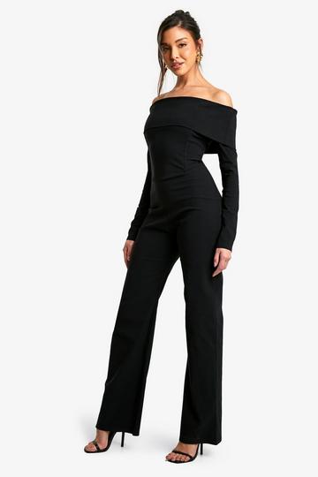 Black Bengaline Bardot Wide Leg Jumpsuit