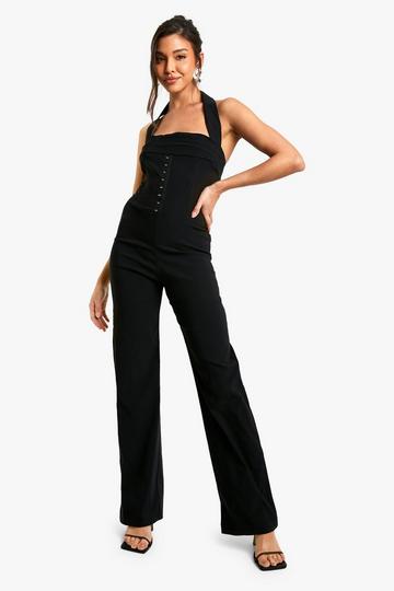 Bengaline Halter Jumpsuit Met Korset Detail black