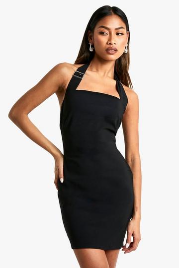 Bengaline Buckle Halterneck Mini Dress black