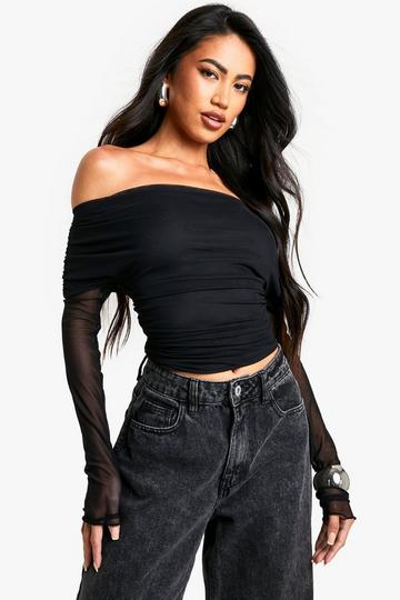 Black Mesh Drape Front Long Sleeve Top