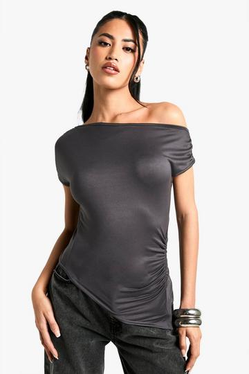 Supersoft drape off shoulder ruched top charcoal