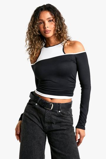 2 layer contrast binding long sleeve top black