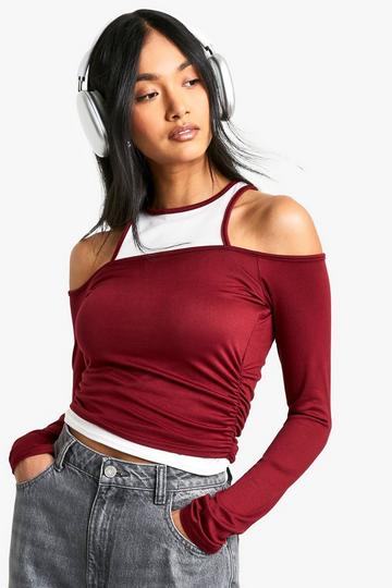 2 layer contrast binding long sleeve top plum