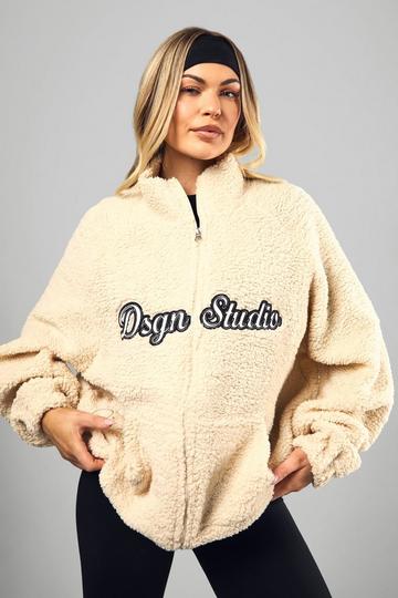 Dsgn Studio Applique Zip Through Borg Fleece stone