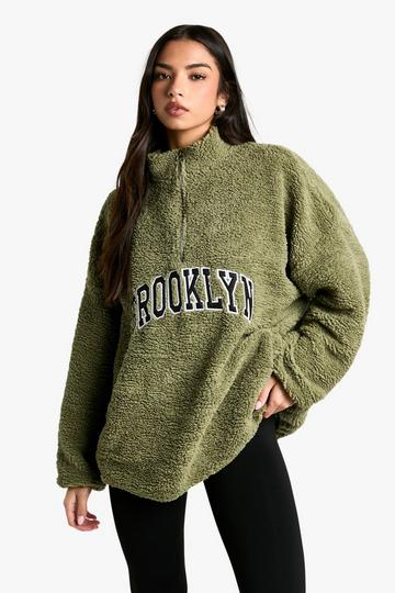 Brooklyn Applique Borg Half Zip Fleece khaki