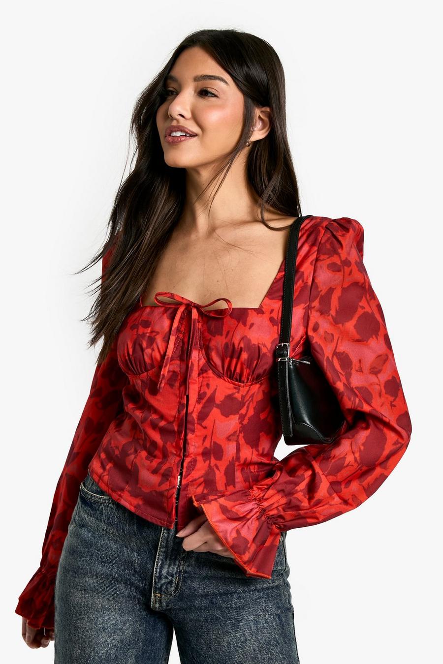 RED FLORAL CHIFFON BALLOON SLEEVE MILKMAID TOP | boohoo RED FLORAL CHIFFON BALLOON SLEEVE MILKMAID TOP | boohoo