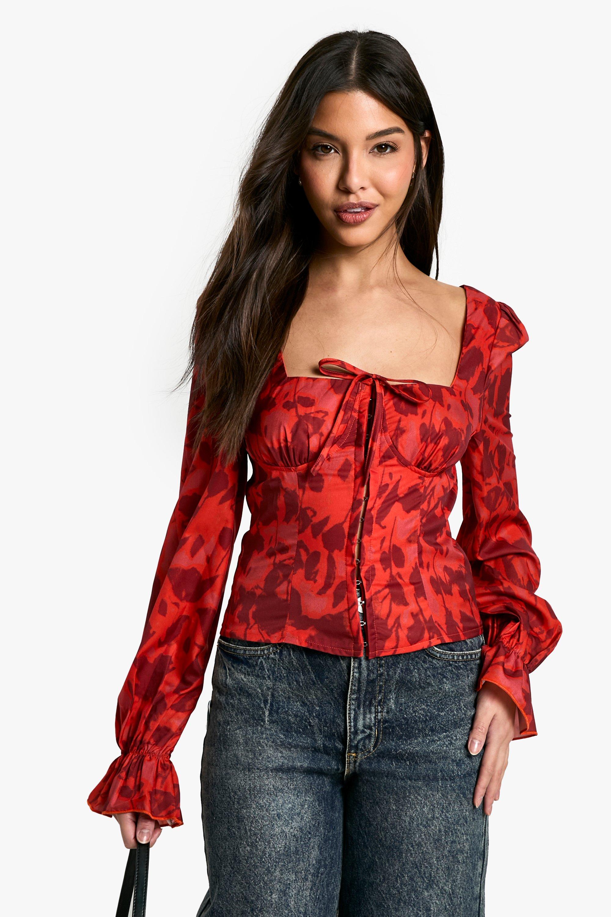 RED FLORAL CHIFFON BALLOON SLEEVE MILKMAID TOP | boohoo RED FLORAL CHIFFON BALLOON SLEEVE MILKMAID TOP | boohoo