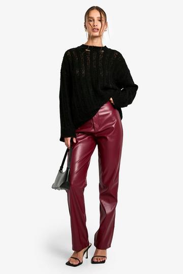 Bordeauxrode Nepleren High Waist Broek Met Rechte Pijpen burgundy