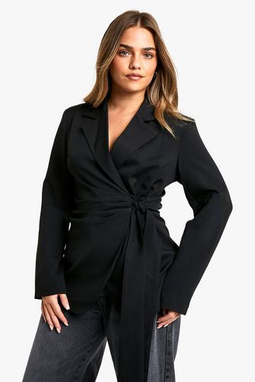 Black Petite Woven Wrap Tie Detail Blazer