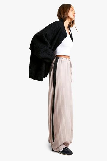 Camel Beige Side Stripe Pinstripe Drawstring Wide Leg Trouser