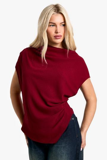 DRAPE FRONT ASYMMETRIC SLEEVELESS BLOUSE burgundy