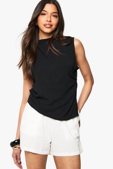 High Neck Knot Front Hammered Satin Sleeveless Top black