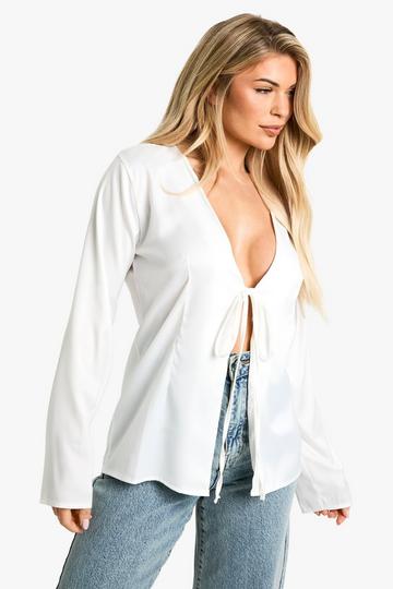 TIE FRONT SATIN LONGLINE BLOUSE ivory