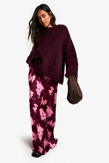 Satijnen Maxi Rok Met Wazige Bloemenprint burgundy