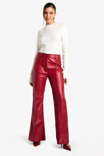 Leather Look High Waisted Seam Front Flared Trousers burgundy