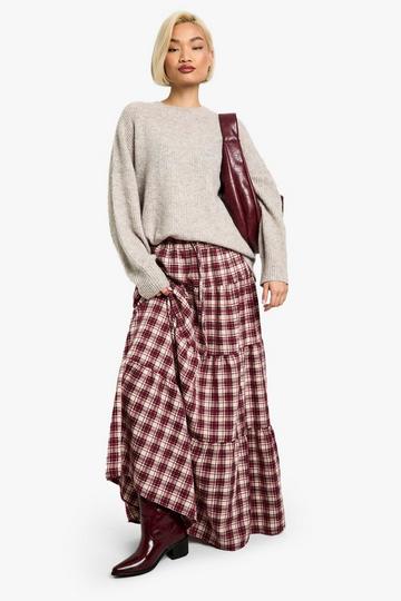 TIERED DRAWSTRING WAIST CHECK MAXI SKIRT burgundy