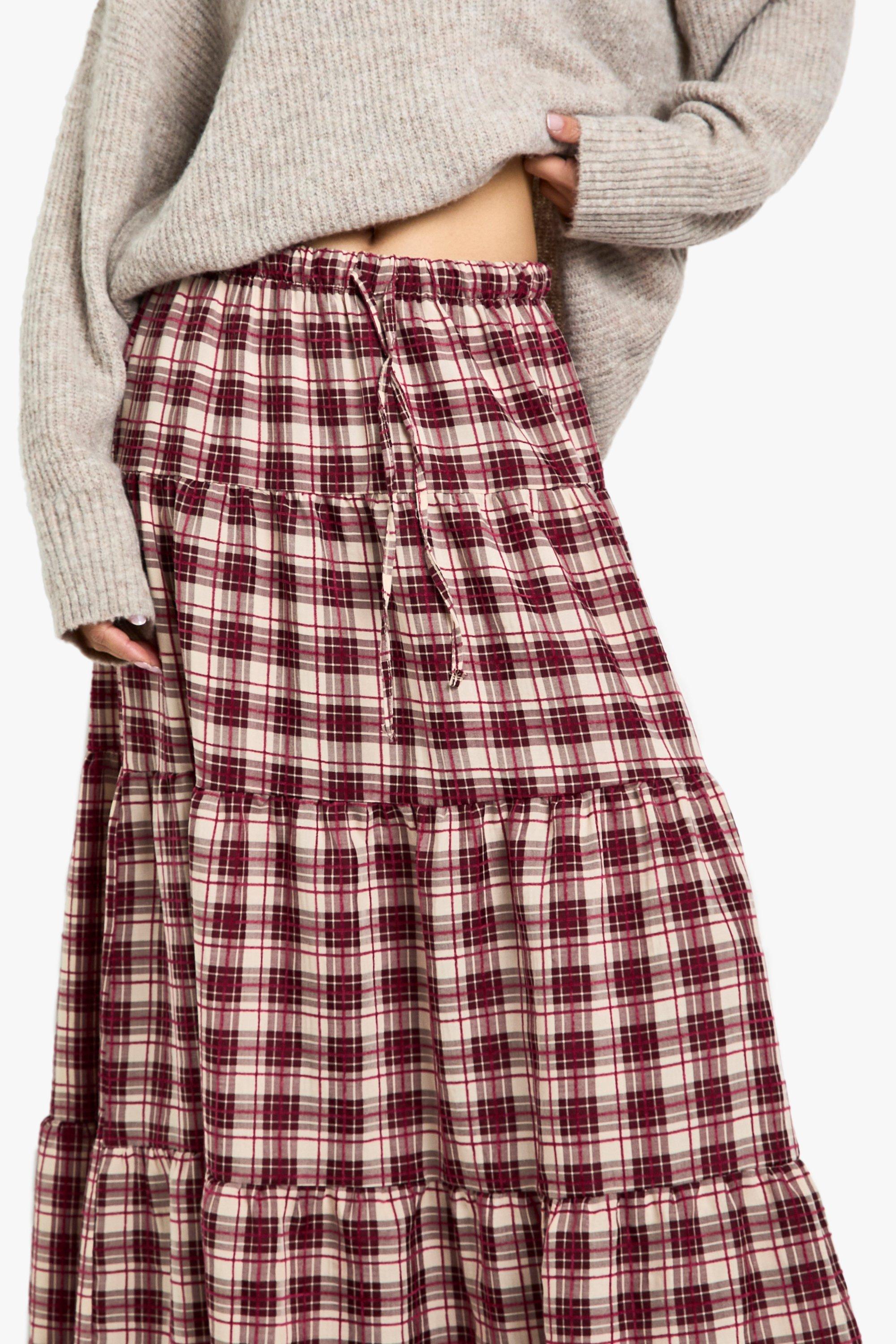 Tiered Drawstring Waist Check Maxi Skirt