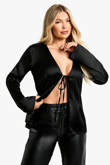 TIE FRONT SATIN LONGLINE BLOUSE black