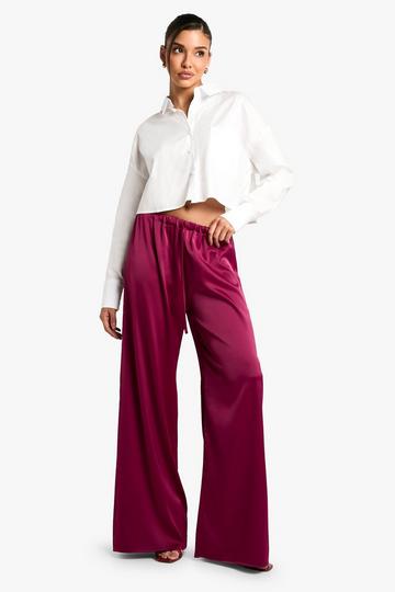 Satijnen Wide Leg Broek Met Taille En Trektouwtjes plum