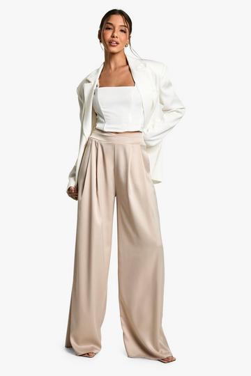 Satijnen Wide Leg Broek Met Gekruiste Tailleband champagne