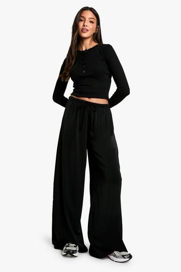 DRAWSTRING WAIST WIDE LEG TROUSERS black