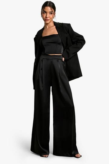 Satijnen Wide Leg Broek Met Gekruiste Tailleband black