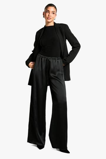 SATIN DRAWSTRING WAIST WIDE LEG TROUSERS black