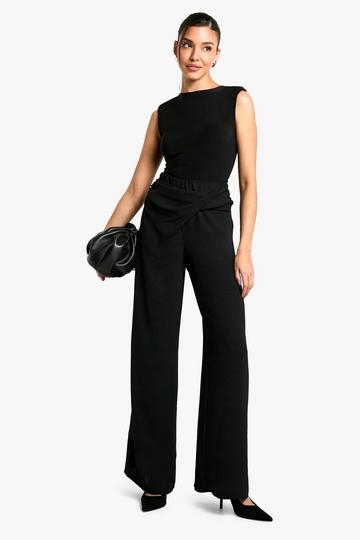 WRAP WAISTBAND DETAIL HAMMERED WIDE LEG TROUSERS black