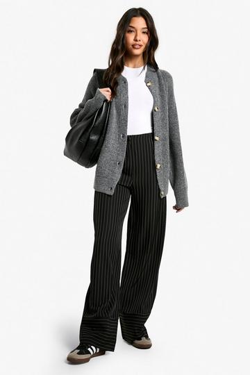 Black Contrast Hem Pinstripe Straight Leg Pants