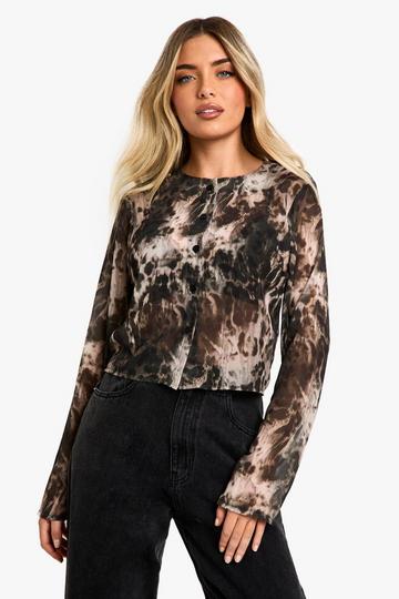 Geweven Doorschijnende Donkere Luipaardprint Top Met Cardigan grey