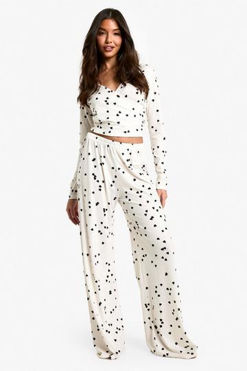 Heart Print Wrap Top & Pants Pyjama Set white