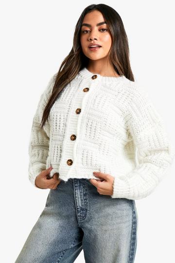 Square Knit Detail Oversized Crop Cardigan cream