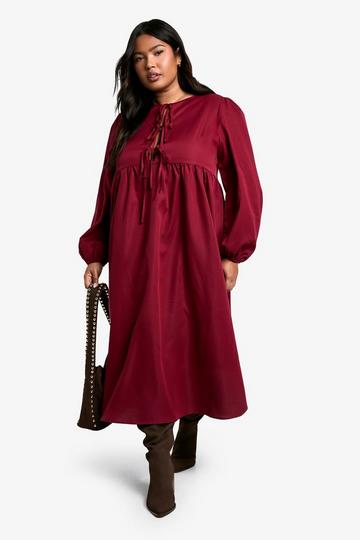 Plus Woven Tie Front Midi Smock Dress berry