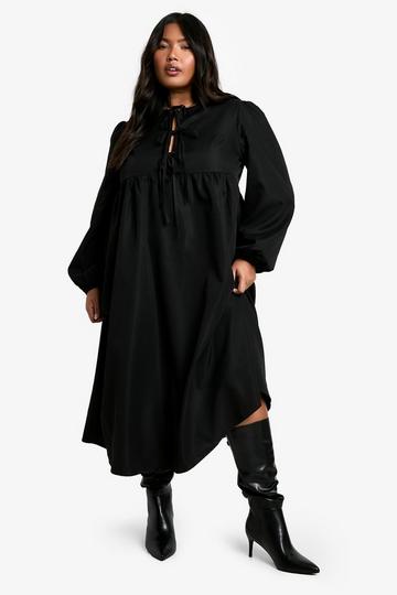 Plus Woven Tie Front Midi Smock Dress black