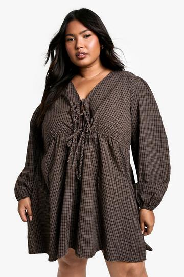 Brown Plus Check Tie Front Smock Dress