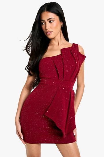 Glitter One Shoulder Pleat Detail Bodycon Dress berry