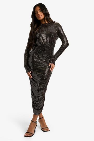 Gold Metallic Sequin High Neck Ruched Midi Dress