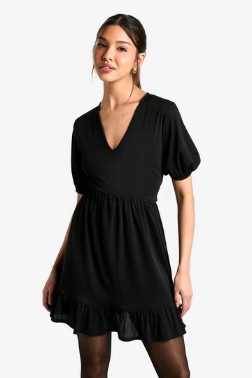 Ribbed Puff Sleeve V Neck Tiered Smock Dress black