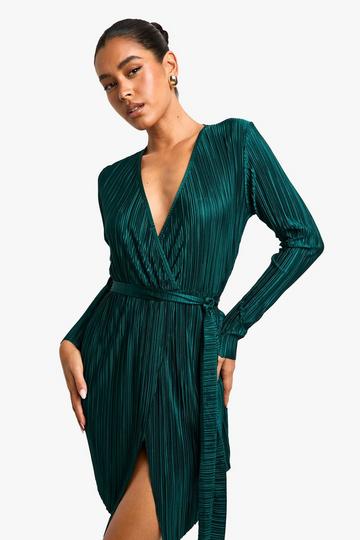 Plisse Wrap Mini Dress emerald