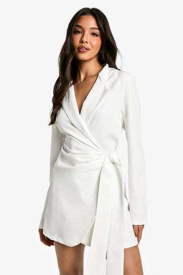 Ivory White Wrap Drape Front Tailored Blazer Dress