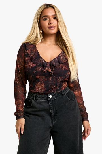 Plus Mesh Top Met Ruches En Lange Mouwen brown