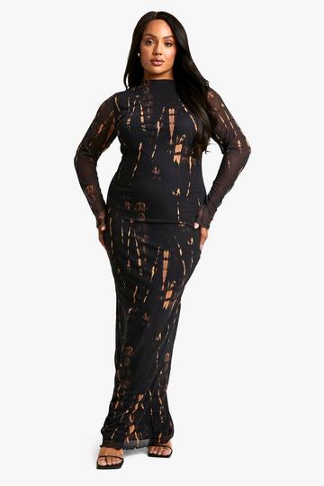 Plus Mesh Maxi Jurk Met Print En Lange Mouwen black