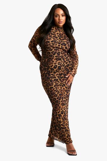 Plus Leopard Printed Backless Long Sleeve Maxi Dress leopard