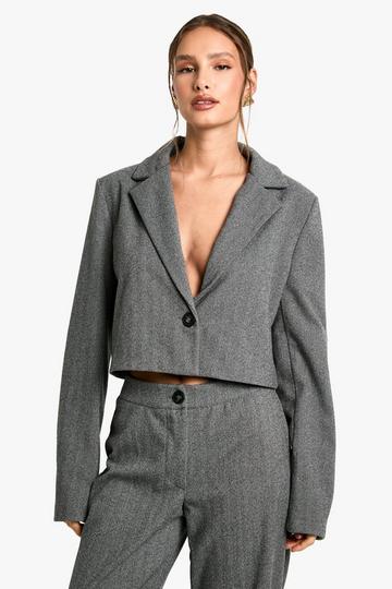 Herringbone Tailored Cropped Blazer grey