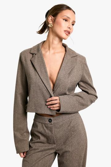 Herringbone Tailored Cropped Blazer brown