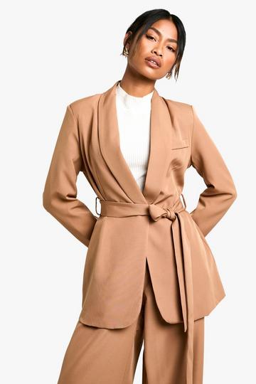 Tailored Belted Woven Blazer camel