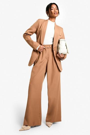 Camel Beige Getailleerde Geplooide Wide Leg Broek