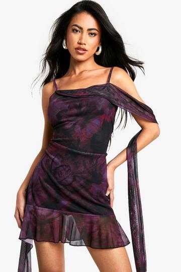 Burgundy Red Floral Draped Ruffle Printed Mesh Mini Dress