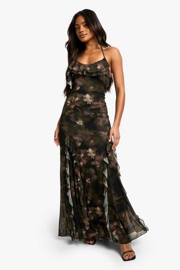 Mesh Bloemen Maxi Jurk Met Ruches En Print olive